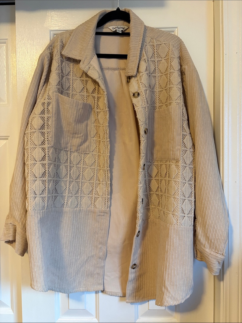 DAVI & DANI Beige Corduroy Button-Down Shirt with Crochet Panels